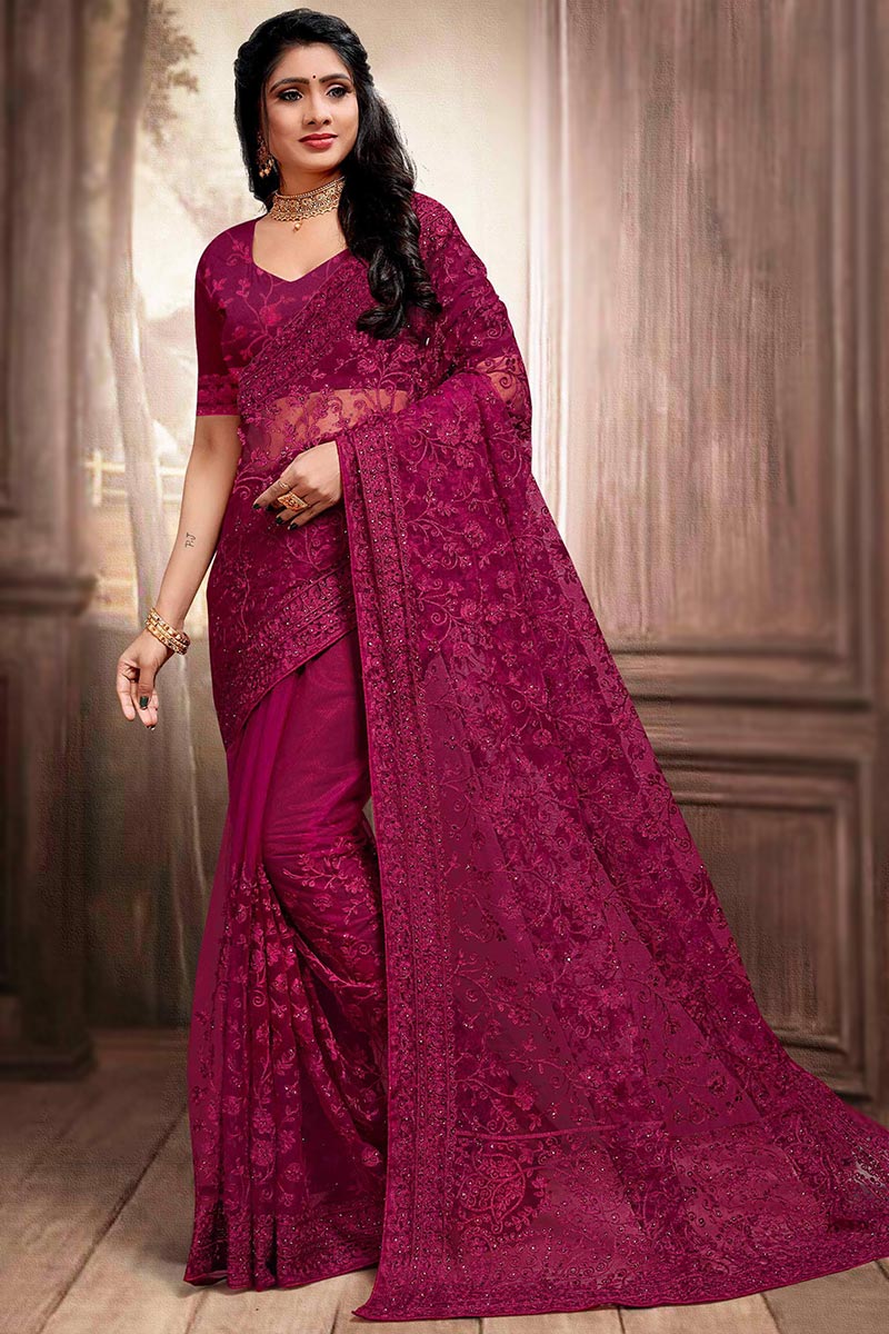 Dark Pink Net Embroidered Saree